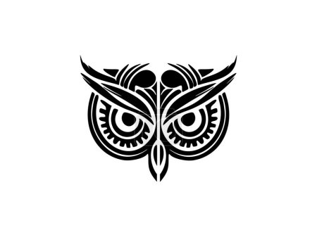 Ilustración de Un tatuaje de cara de búho blanco y negro adornado con diseños polinesios. - Imagen libre de derechos