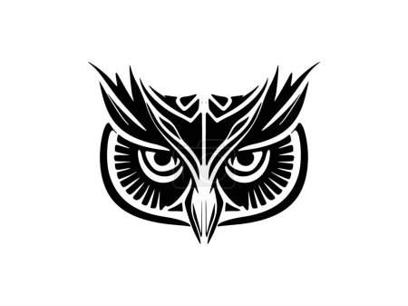 Illustration for A black and white owl tattoo with Polynesian designs on its face. - Royalty Free Image