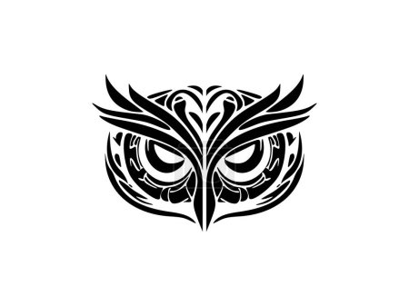 Téléchargez les illustrations : Tatouage d'un hibou noir et blanc avec des dessins polynésiens sur son visage. - en licence libre de droit