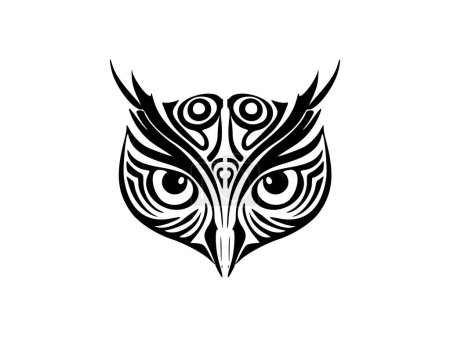 Téléchargez les illustrations : Un tatouage visage de hibou noir et blanc avec des dessins polynésiens. - en licence libre de droit