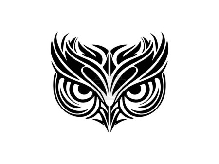 Ilustración de Un rostro de un búho con llamativos patrones polinesios blancos y negros tatuados en él. - Imagen libre de derechos