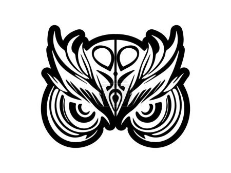 Illustration for A black and white owl face tattoo with Polynesian designs. - Royalty Free Image