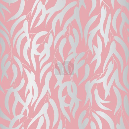 Silver eucalyptus branches with leaves on baby pink background, seamless vector pattern, texture, outline. Great for backgrounds, textile, packaging. Vector illustration