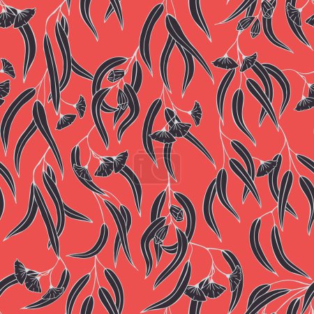 Stylized black and white eucalyptus flowers and leaves on red background, seamless vector pattern. Great for backgrounds, textile, packaging. Vector illustration