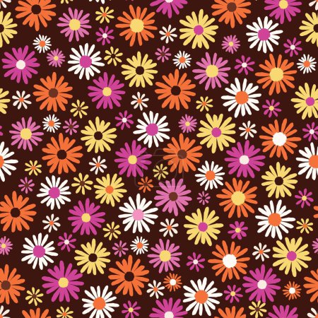Foto de Patrón vectorial sin costura floral de color retro, sobre fondo marrón. Ilustración vectorial - Imagen libre de derechos