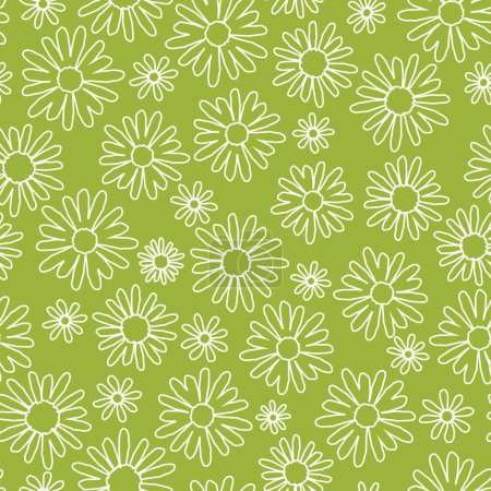 Foto de Margaritas blancas esboza en el fondo verde calma, patrón de vectores sin costuras. Ilustración vectorial. Ideal para productos para niños, textiles, envases - Imagen libre de derechos