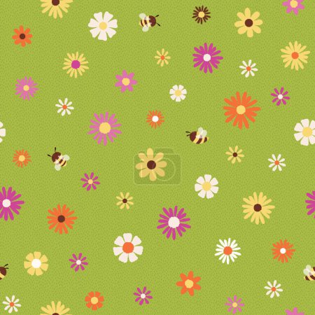 Foto de Patrón de vector sin costuras con flores y abejas en una hierba verde como fondo texturizado, ideal para productos para niños. Ilustración vectorial - Imagen libre de derechos