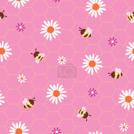 Foto de Patrón de vector sin costuras con flores y abejas sobre un fondo texturizado panal rosa, ideal para productos para niños. Ilustración vectorial - Imagen libre de derechos