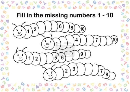 Ilustración de Kindergarten worksheet, fill the missed numbers exercise, vector format. Preschool and kindergarten math task - Imagen libre de derechos