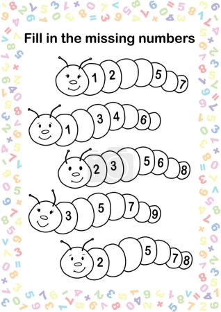 Illustration for Kindergarten worksheet, fill the missed numbers exercise, vector format. Preschool and kindergarten math task - Royalty Free Image
