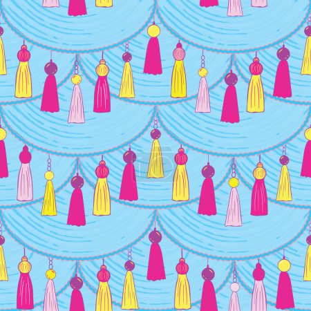 Foto de Patrón sin costuras con guirnalda de borla de colores sobre un fondo azul Ideal para el embalaje de envoltura textil. Ilustración vectorial - Imagen libre de derechos