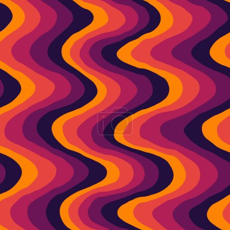 Motif vectoriel sans couture lignes ondulées verticales de couleur rétro, rouge-violet orange. Un album textile. Illustration vectorielle
