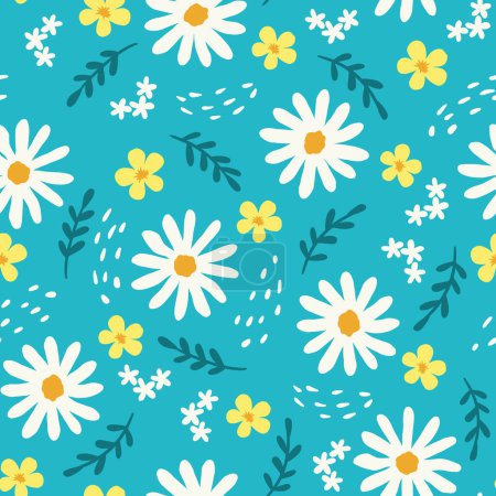Illustration for Seamless vector pattern yellow and white daisy flowers on blue textile scrapbook wrapping. Vector illustration - Royalty Free Image