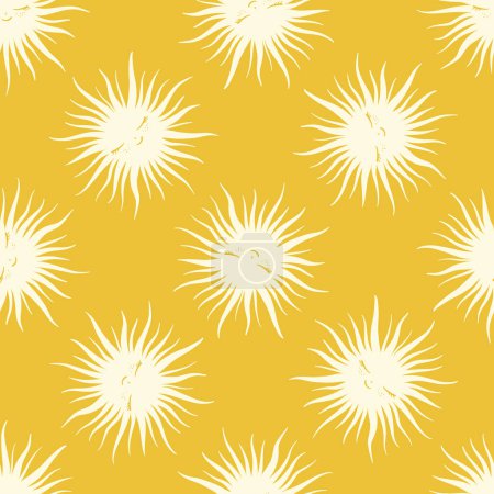 Foto de Patrón vectorial sin costuras somnoliento sonriente sol blanco en amarillo, sin costuras. Ilustración vectorial - Imagen libre de derechos