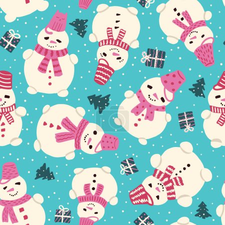 Illustration for Cute snowmen seamless vector pattern. Perfect for textile, wallpaper or print design. Vector illustration - Royalty Free Image
