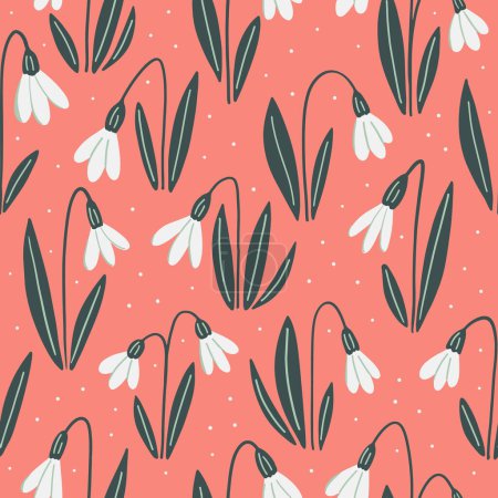 Foto de Patrón vectorial inconsútil flores de la gota de nieve blanca en rosa coral, textil, álbum de recortes, envoltura. Ilustración vectorial - Imagen libre de derechos
