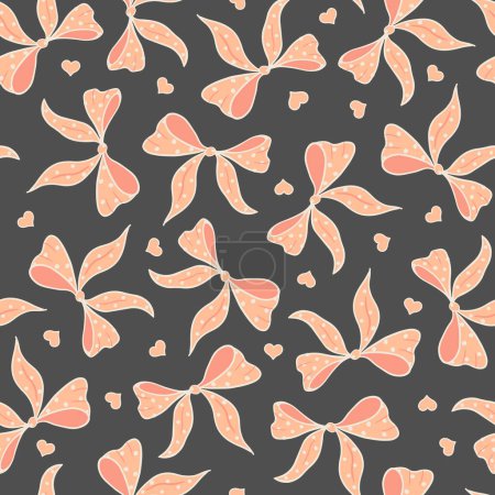 Illustration for Seamless vector pattern with peach colored feminine bows and hearts on charcoal grey. Textile. Vector illustration - Royalty Free Image