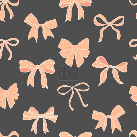 Illustration for Seamless vector pattern with various peach colored feminine bows and hearts on charcoal grey. Textile. Vector illustration - Royalty Free Image