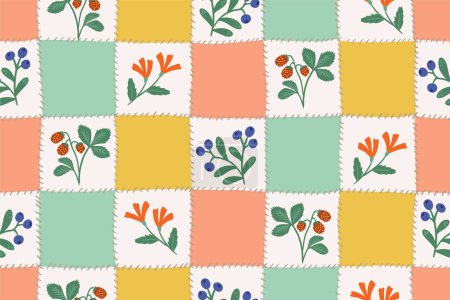 Foto de Inconsútil vector Cheater quilt patchwork bayas y flores, patrón inconsútil vector. cheques pastel. Ilustración vectorial - Imagen libre de derechos