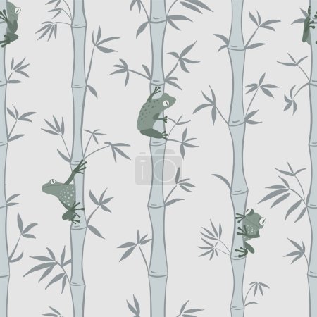 Téléchargez les illustrations : Modèle vectoriel sans couture avec des grenouilles ludiques se cachant dans une forêt de bambous, couleurs gris sogr, japandi. Illustration vectorielle - en licence libre de droit