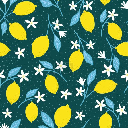 Foto de Patrón vectorial sin costuras con limones de color amarillo brillante y flores blancas en verde azulado oscuro, envoltura textil. Ilustración vectorial - Imagen libre de derechos
