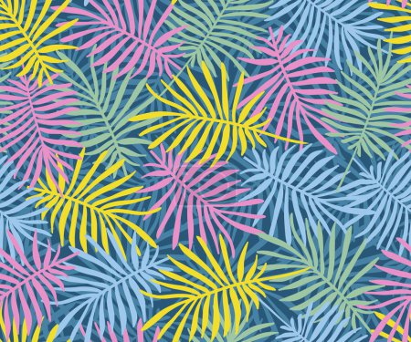 Nahtloses Vektormuster. Bunte tropische überlappende Palmblätter Hintergrund, botanische Textur. Vektorillustration