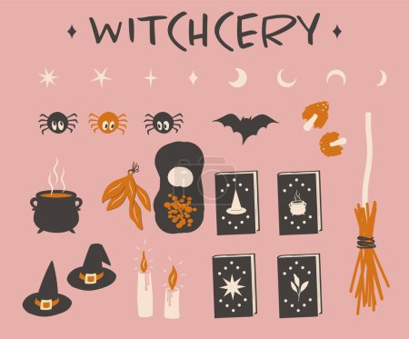 Illustration for Vector clip art set with witch items hat, candles, herbs, mushrooms, magic book. Great for girls. Vector illustration - Royalty Free Image