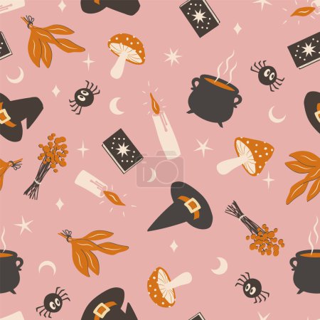 Illustration for Seamless vector pattern with witch items hat, candles, herbs, mushrooms, magic book. Great for girls. Vector illustration - Royalty Free Image