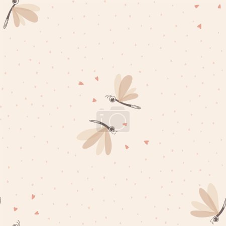 Foto de Patrón vectorial inconsútil libélulas juguetonas arrojar en beige luz neutra, textil, fondo. Ilustración vectorial - Imagen libre de derechos