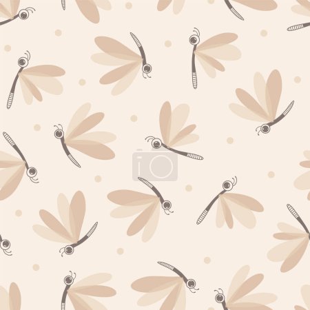 Foto de Patrón vectorial inconsútil libélulas juguetonas arrojar en beige luz neutra, textil, fondo. Ilustración vectorial - Imagen libre de derechos