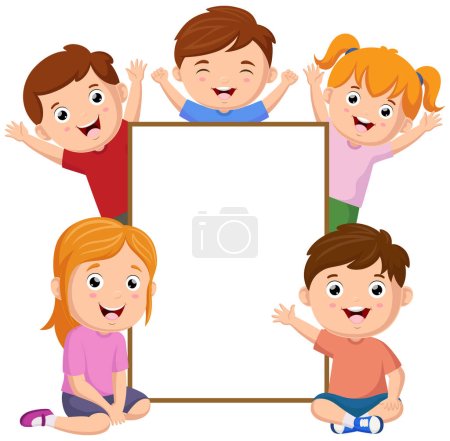 Vector illustration of Cute little kids cartoon with blank sign
