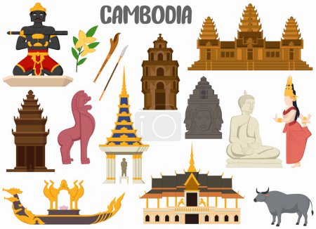 Téléchargez les illustrations : Illustration vectorielle de l'ensemble des monuments célèbres du Cambodge - en licence libre de droit