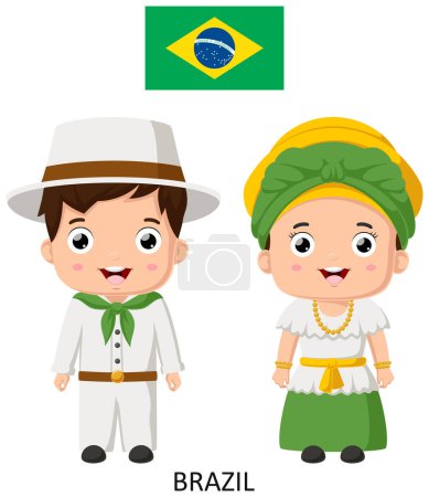 Téléchargez les illustrations : Illustration vectorielle du couple brésilien Cartoon portant des costumes traditionnels - en licence libre de droit
