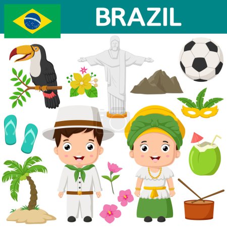Téléchargez les illustrations : Illustration vectorielle du couple brésilien Cartoon portant des costumes traditionnels - en licence libre de droit