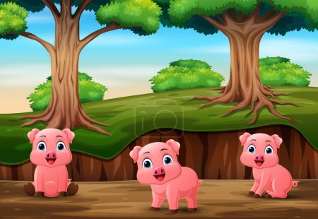 Téléchargez les illustrations : Illustration vectorielle de Trois petits cochons jouant dans la jungle - en licence libre de droit
