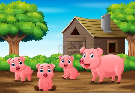 Téléchargez les illustrations : Illustration vectorielle de Trois petits cochons jouant dans le fond de la ferme - en licence libre de droit