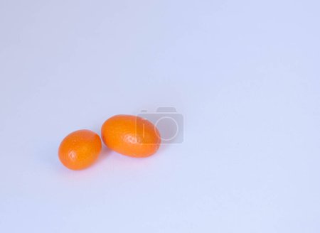 Dos kumquats naranjas sobre un fondo blanco