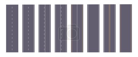 Autoroutes en asphalte avec lignes pointillées ou pleines et marquages routiers concept vertical illustration vectorielle plate.
