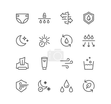 Set aus Windeln und Babyhosen mit Symbolen, Absorption, atmungsaktiv, Baumwolle, Windel und linearen Variantenvektoren.