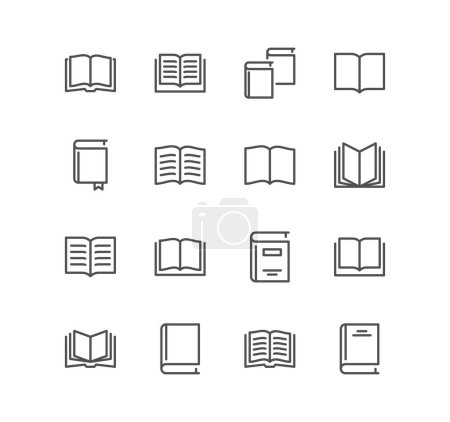 Ensemble d'icônes liées au livre, organisateur, apprentissage, lecteur, journal, bibliothèque, manuel, pages, vecteurs d'éducation et de variété linéaire.