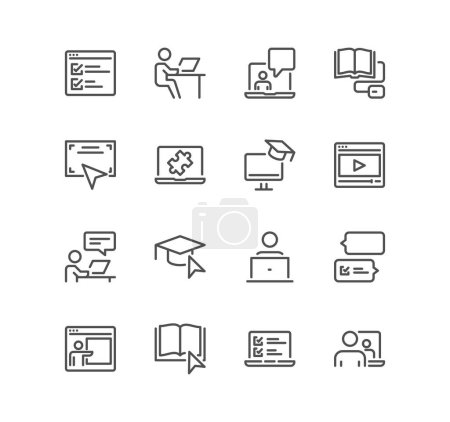 Illustration for Set of online education related icons, education plan, video tutorial, webinar, learning, graduation and linear variety vectors. - Royalty Free Image