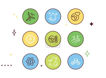 Illustration for Set of eco related icons, global warming, recycling, sustainability, energy saving, climate change, air pollution and linear variety vectors. - Royalty Free Image