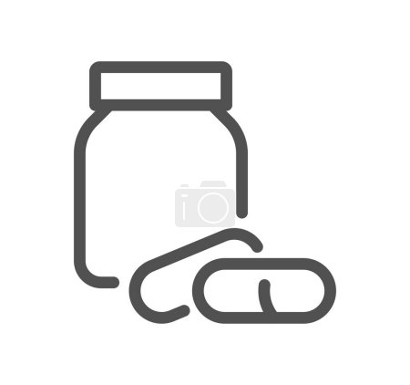 Téléchargez les illustrations : Pilules avec icône de ligne mince vecteur bouteille - en licence libre de droit