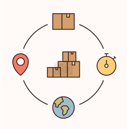 Téléchargez les illustrations : Un cercle avec boîtes et point de carte, globe, concept de livraison - en licence libre de droit