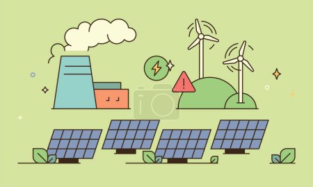 Illustration for Green field with a windmill turbines, power plant and a solar panels - Royalty Free Image