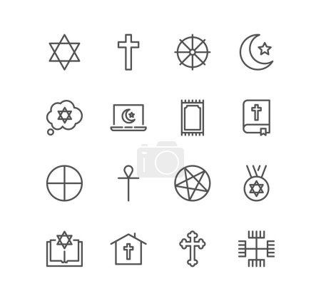Téléchargez les illustrations : Religion ensemble vectoriel d'icônes de ligne mince pour votre conception - en licence libre de droit