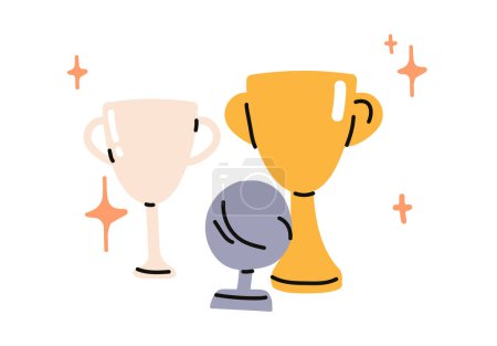 Illustration for Trophy cup award, stars, achievement, winners goblets, success, rewards, first places, victory and leadership medal concept flat vector illustration. - Royalty Free Image