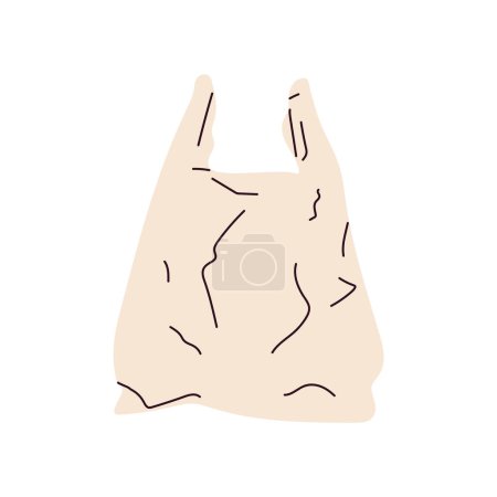 Plastic waste bag with handles, compressed crumpled shopping bag, disposable cellophane polythene grocery package, used wrinkled rumpled polyethylene bag, empty creased bag flat vector illustration.