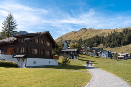 Mountain houses in Stoos village in Switzerland. Swiss Alps ski resort in autumn or fall