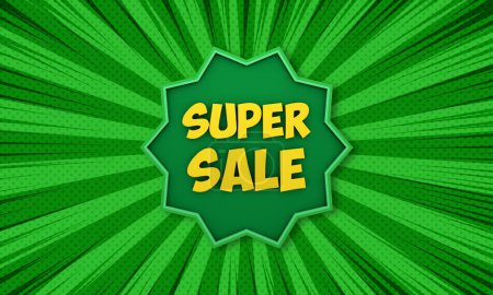 Banner 3D super sale on a green background in pop art comic halftone style